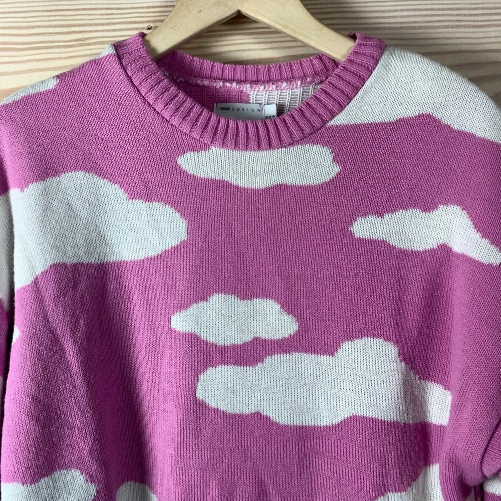 Asos‎ Chunky Sweater Women 6 Pink Clouds AOP Oversized Heavy Knit Made in UK - Picture 2 of 7